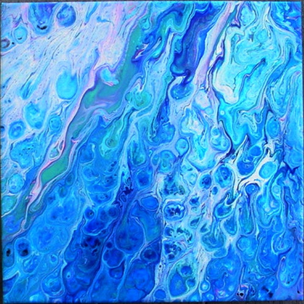 14 X 14 SQUARE ACRYLIC PAINTING BLUE WATERS ABSTRACT FLUID ART POUR PAINT CELS